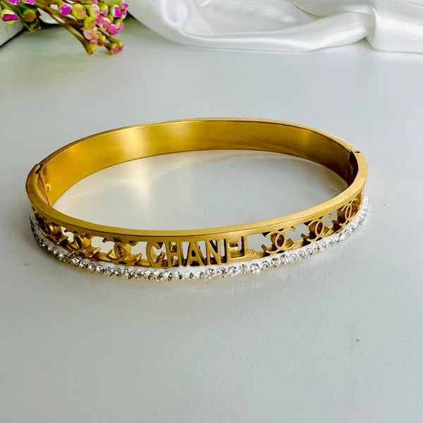 Golden Stainless Steel CC Bangle with Stones | STYLIZE FASHION