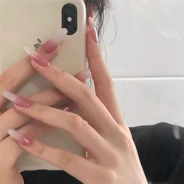 Korean Milky White Gradient Acrylic Nails with Stickers | STYLIZE FASHION