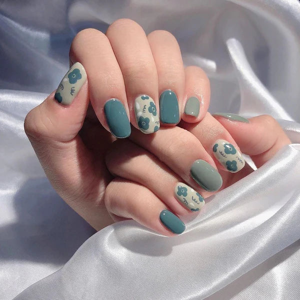 Morandi Gray & Blue Flower Acrylic Nails with Stickers | STYLIZE FASHION