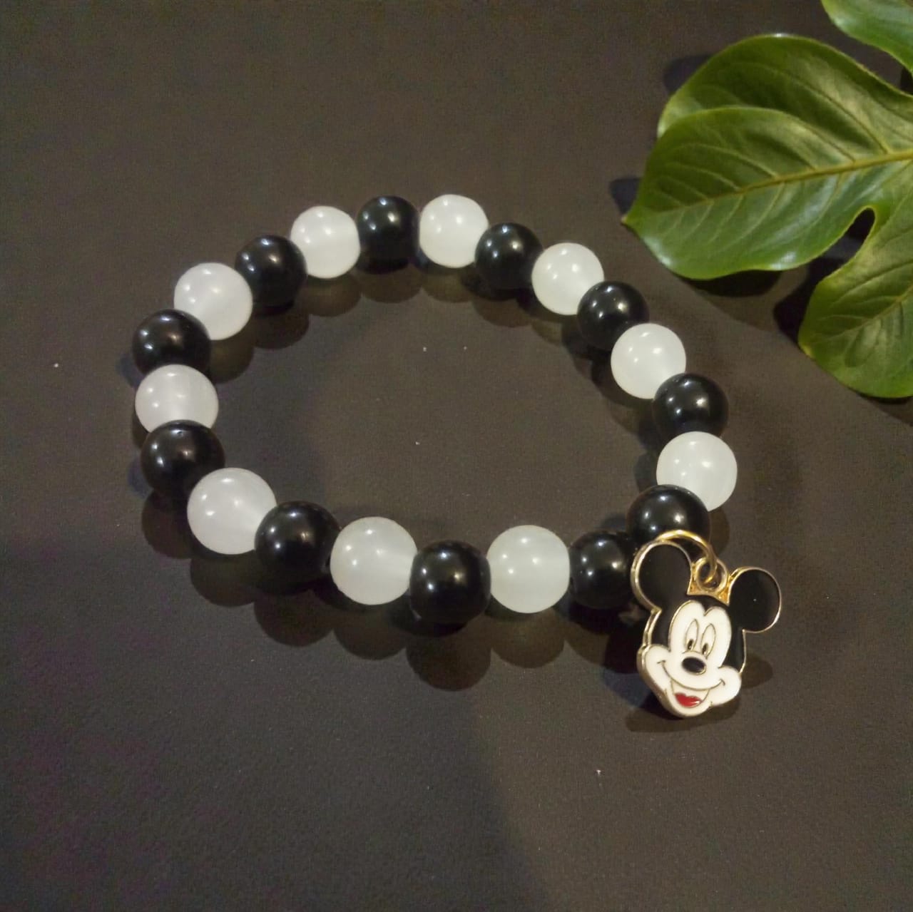 Handmade Monochrome Beaded Bracelet with Classic Mickey Mouse Charm