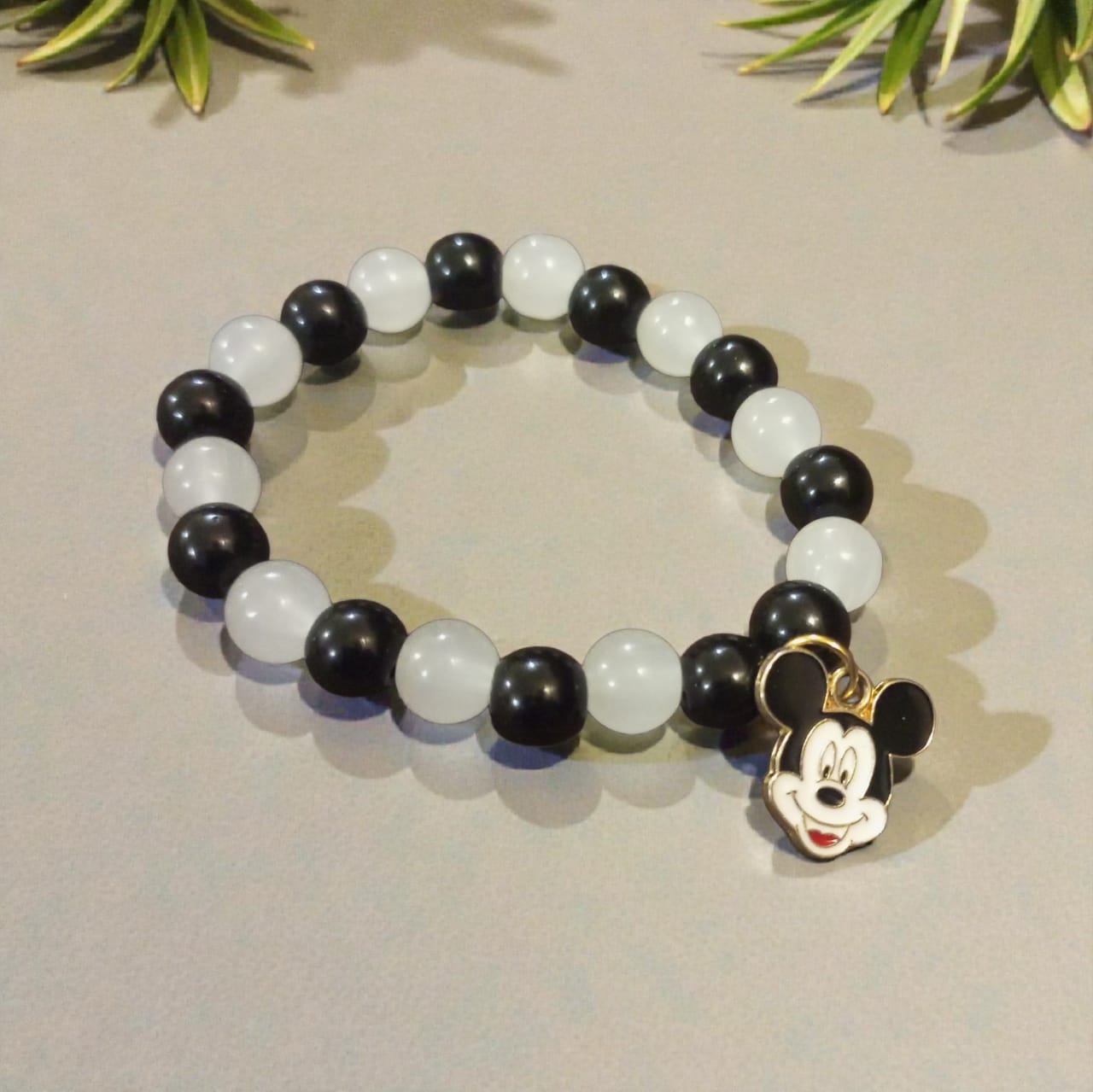 Handmade Monochrome Beaded Bracelet with Classic Mickey Mouse Charm