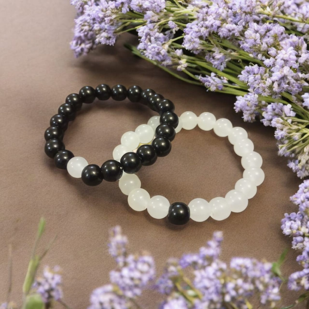 Monochrome Minimalist Bead Duo – Handcrafted Black & White Bracelet Set