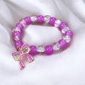 Fuchsia & Iced Crystal Beaded Bracelet with Enamel Ribbon Charm