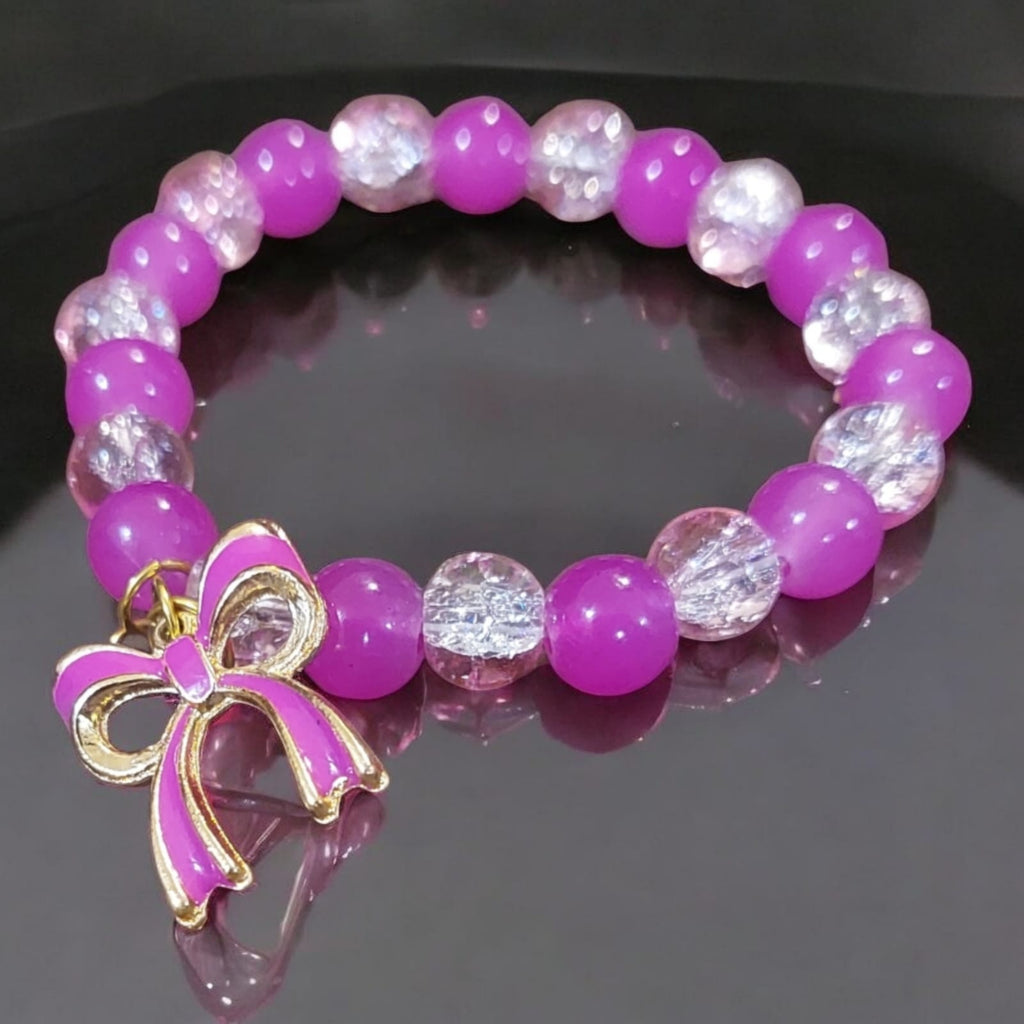 Fuchsia & Iced Crystal Beaded Bracelet with Enamel Ribbon Charm