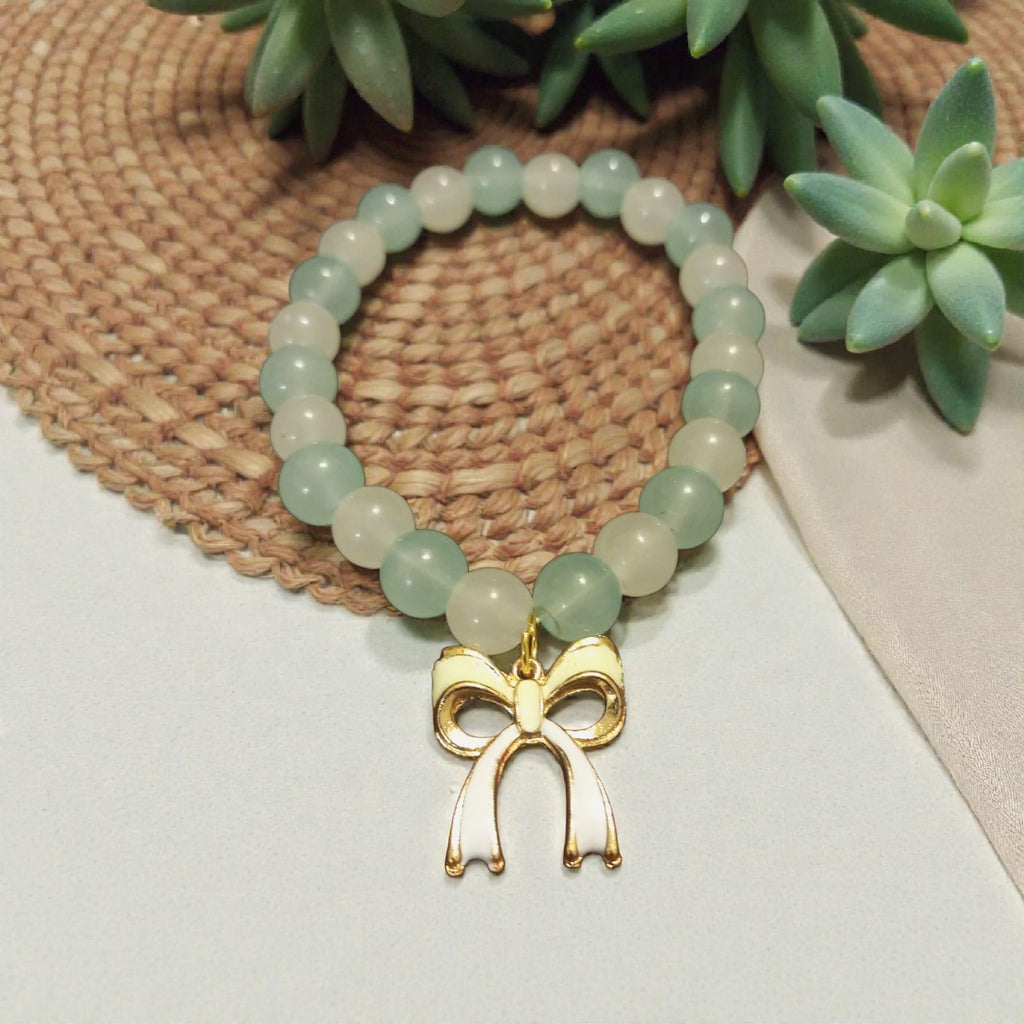 Jade-Tone & Pearl Cream Beaded Bracelet with Enamel Bow Accent